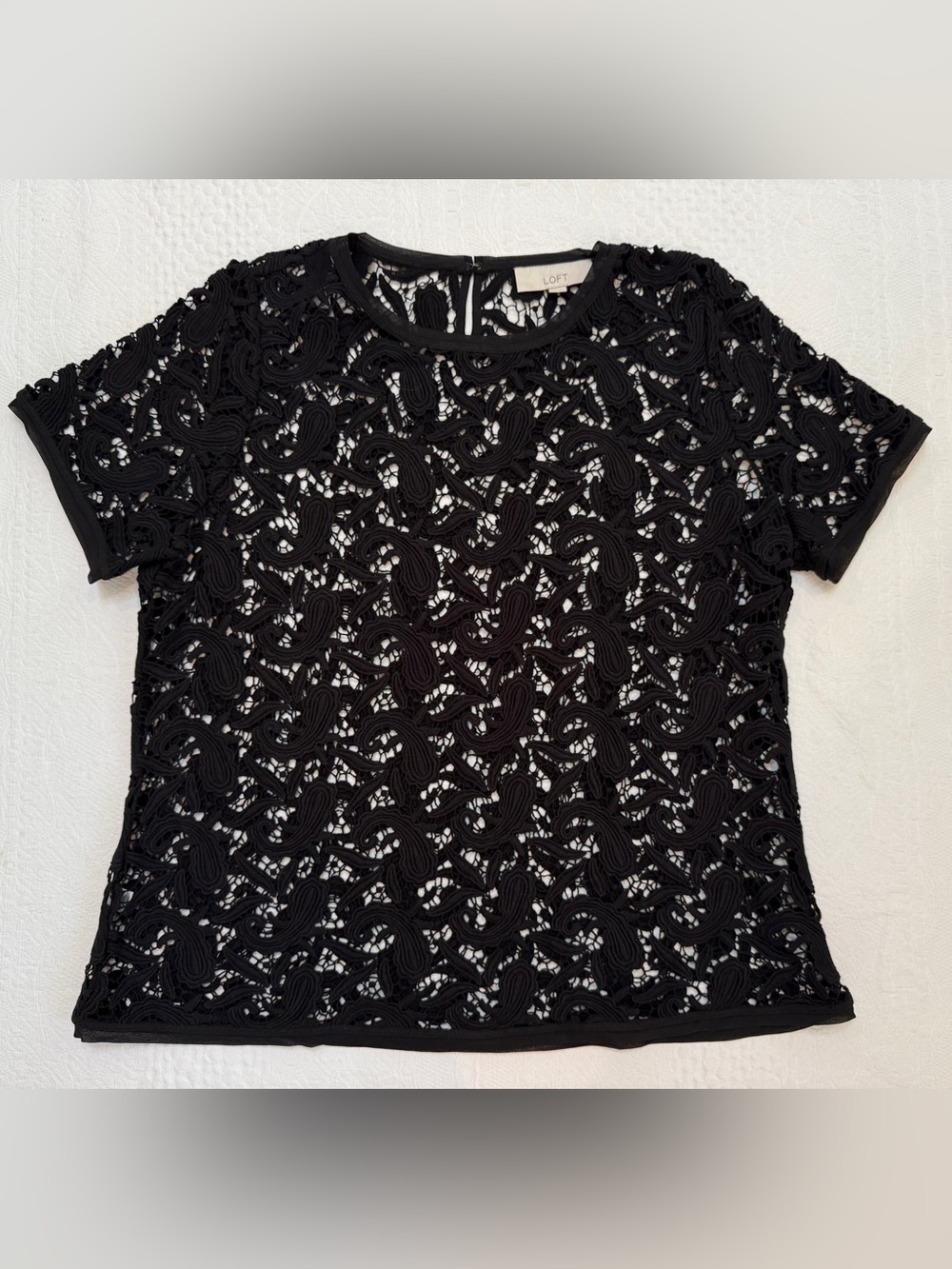 Ann Taylor Loft Lace Crochet Black Short Sleeve Top Women’s XL Blouse